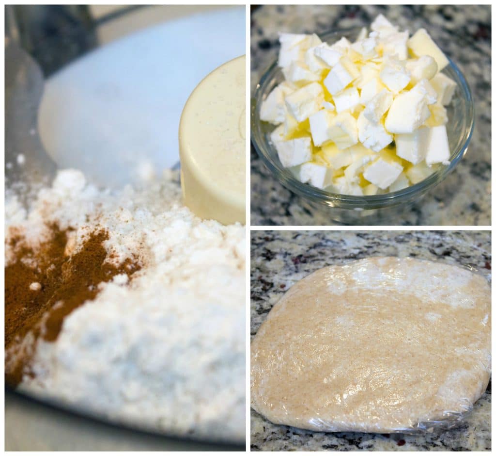 Collage showing process for making pie crust cookies, including bowl food processor with flour and cinnamon, bowl of chopped chilled butter, and pie crust wrapped in plastic wrap