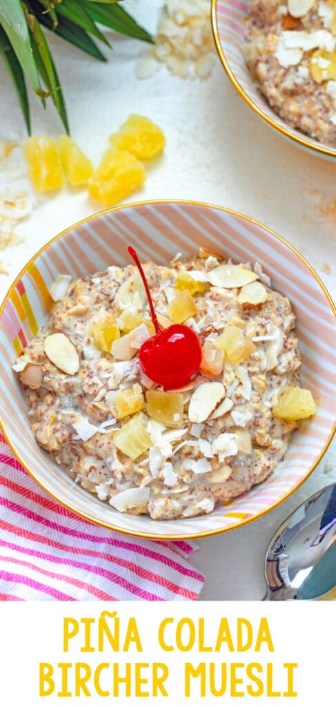 Piña Colada Bircher Muesli -- Bircher muesli is a cold breakfast cereal packed with grains and dried fruit that can be customized to your tastes. This Piña Colada Bircher Muesli is packed with whole grains and pineapple and coconut flavors and feels like a tropical vacation first thing in the morning... The only thing missing is the rum! | wearenotmartha.com #birchermuesli #pinacoladas #easybreakfasts #summerbreakfasts
