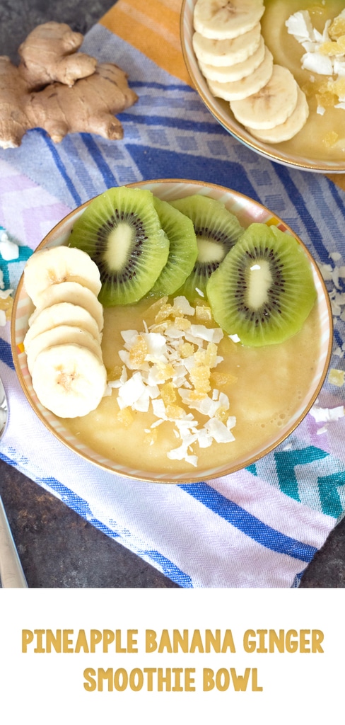 Pineapple Banana Ginger Smoothie Bowl -- This simple-to-make Pineapple Banana Ginger Smoothie Bowl is the perfect way to start your day. Not only is it packed with vitamins and antioxidants, but it's like a vacation in a bowl! | wearenotmartha.com #smoothies #smoothiebowls #ginger #pineapple #healthybreakfast