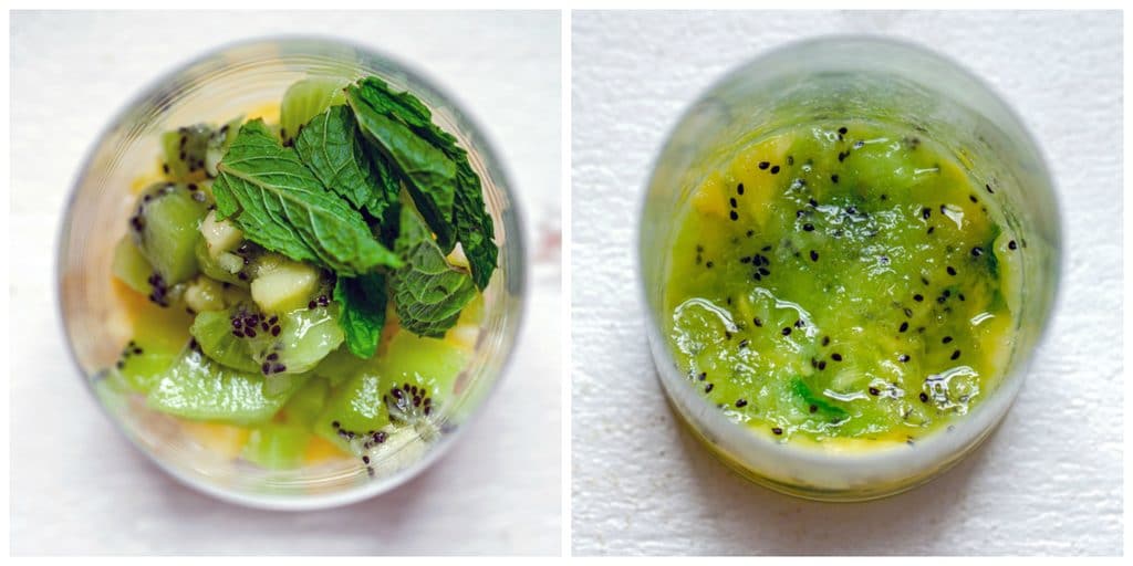 Collage showing process for making pineapple kiwi mojito, including one photo with pineapple, kiwi, and mint on the bottom of a glass and a second photo with all the ingredients muddled in the glass