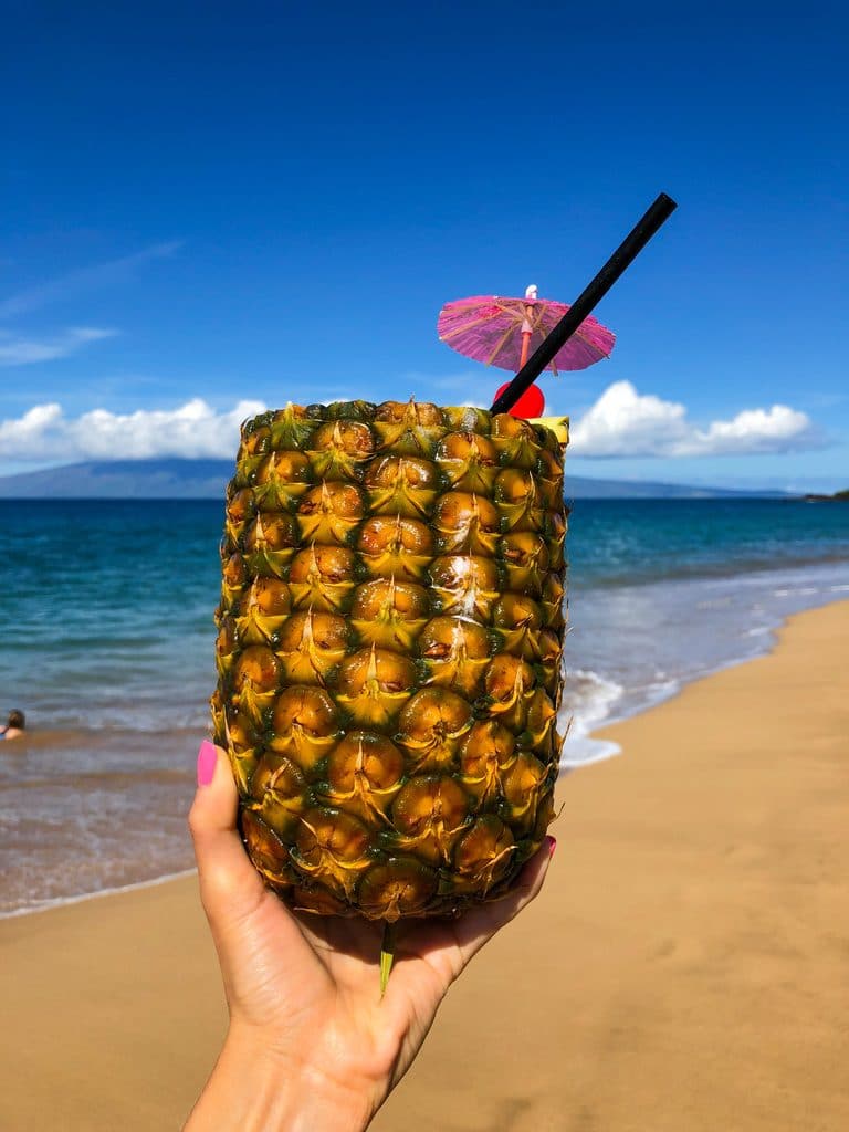 A piña colada in a pineapple drink at the Westin Maui Kaanapali Beach 