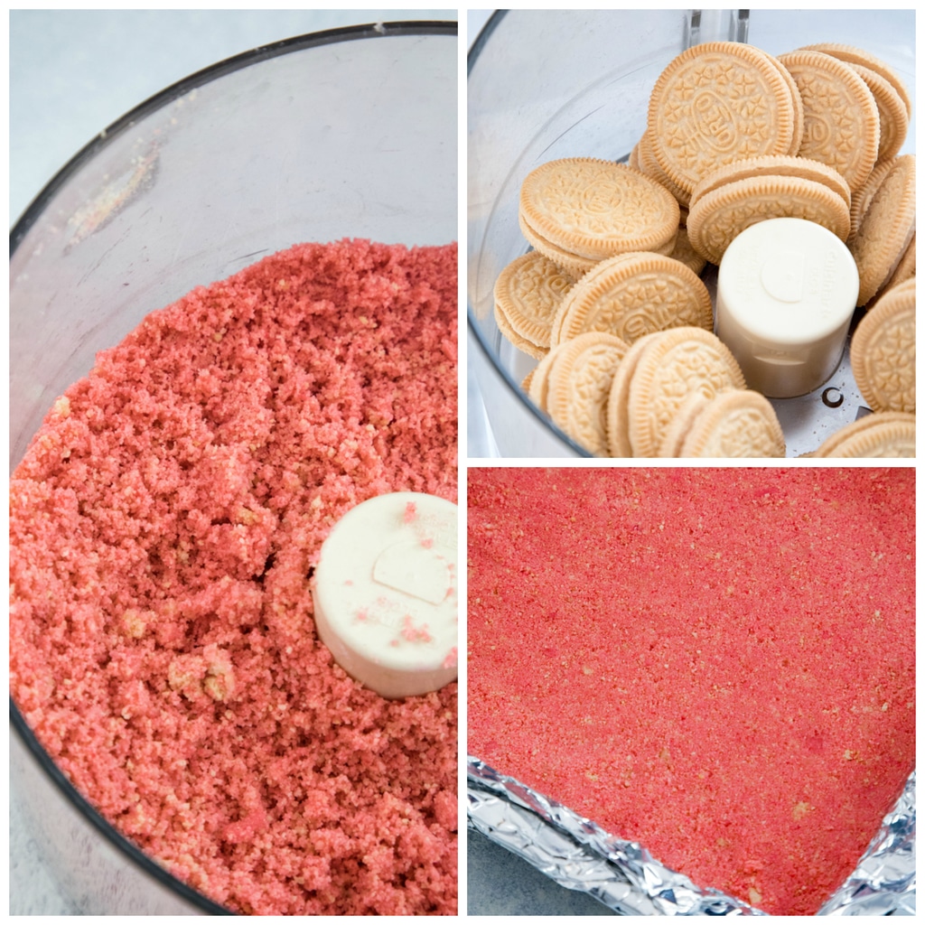 Collage showing how to make pink cookie crust with Golden Oreo Cookies in food processor.