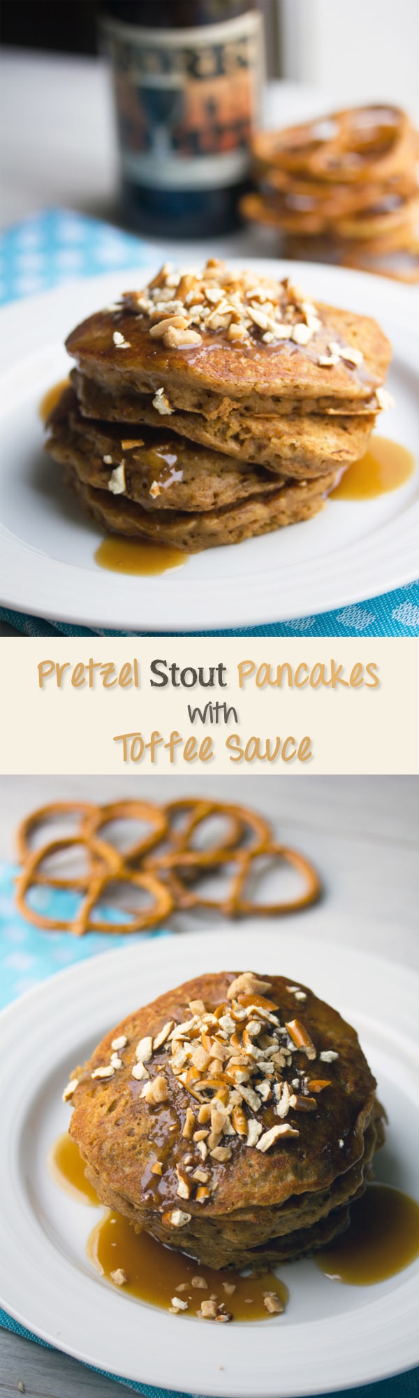 Pretzel Stout Pancakes with Toffee Sauce -- a sweet and salty breakfast treat with a strong stout flavor, sure to make any beer lover have a happy morning | wearenotmartha.com