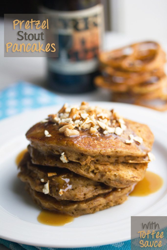 Pretzel Stout Pancakes with Toffee Sauce -- a sweet and salty breakfast treat with a strong stout flavor, sure to make any beer lover have a happy morning | wearenotmartha.com