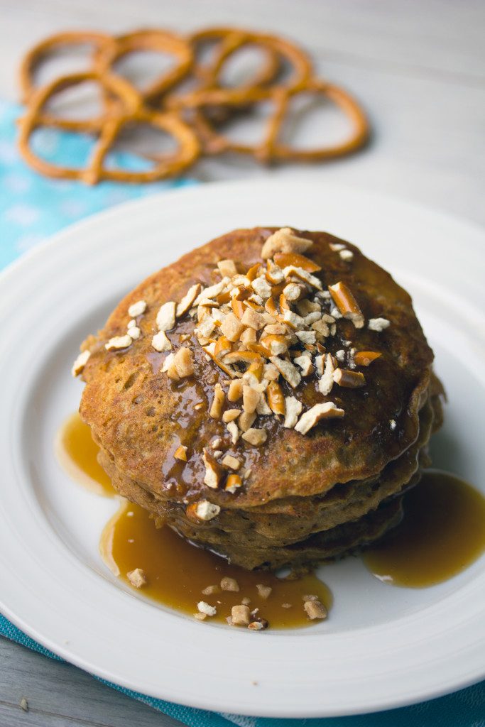 Pretzel Stout Pancakes with Toffee Sauce -- a sweet and salty breakfast treat with a strong stout flavor, sure to make any beer lover have a happy morning | wearenotmartha.com