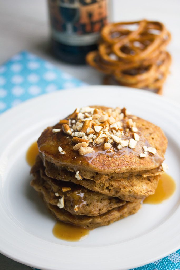 Pretzel Stout Pancakes with Toffee Sauce -- a sweet and salty breakfast treat with a strong stout flavor, sure to make any beer lover have a happy morning | wearenotmartha.com