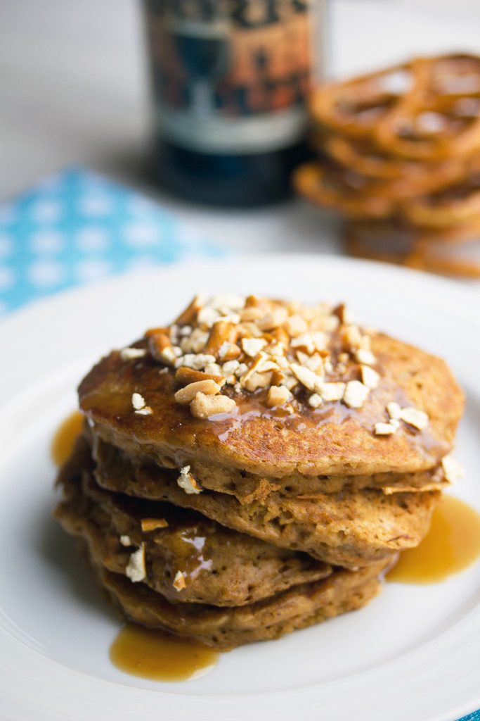 Pretzel Stout Pancakes with Toffee Sauce -- a sweet and salty breakfast treat with a strong stout flavor, sure to make any beer lover have a happy morning | wearenotmartha.com