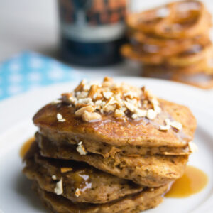Pretzel Stout Pancakes with Toffee Sauce -- a sweet and salty breakfast treat with a strong stout flavor, sure to make any beer lover have a happy morning | wearenotmartha.com