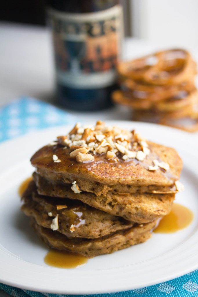 Pretzel Stout Pancakes with Toffee Sauce -- a sweet and salty breakfast treat with a strong stout flavor, sure to make any beer lover have a happy morning | wearenotmartha.com