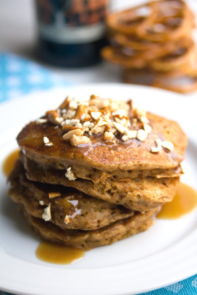 Pretzel Stout Pancakes with Toffee Sauce -- a sweet and salty breakfast treat with a strong stout flavor, sure to make any beer lover have a happy morning | wearenotmartha.com