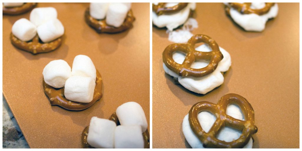 One photo of mini marshmallows on a mini pretzel and one of mini marshmallows sandwiched between pretzels