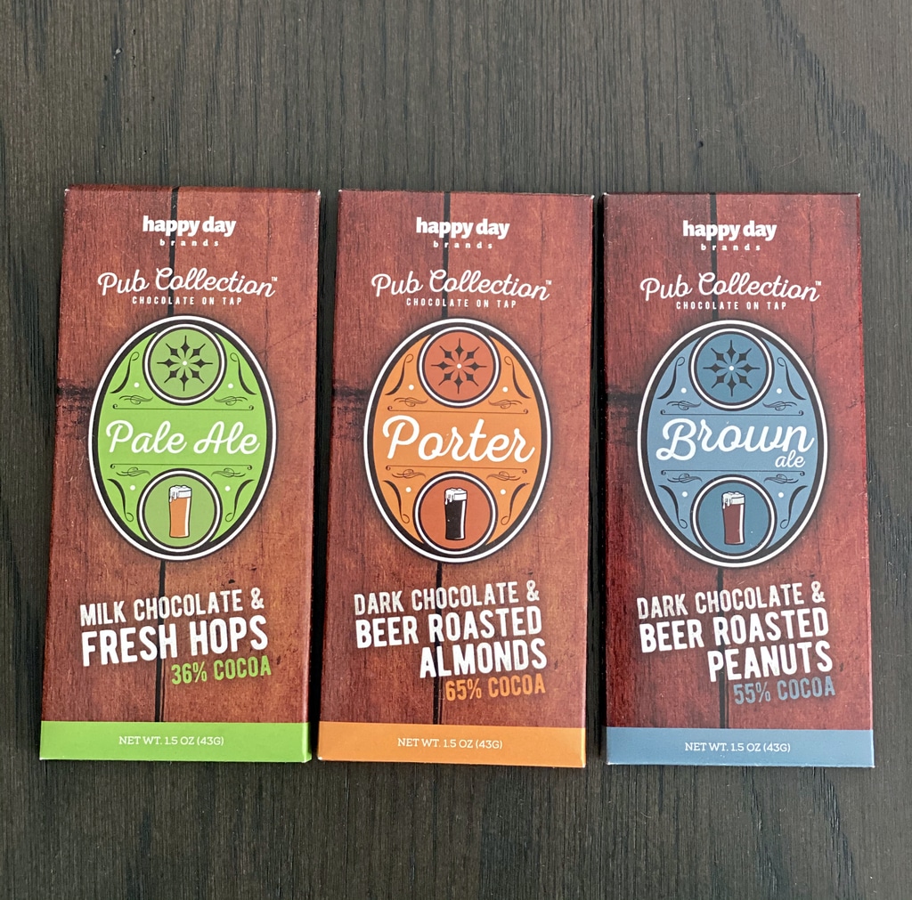 Three kinds of beer chocolate bars (pale ale, porter, and brown ale)