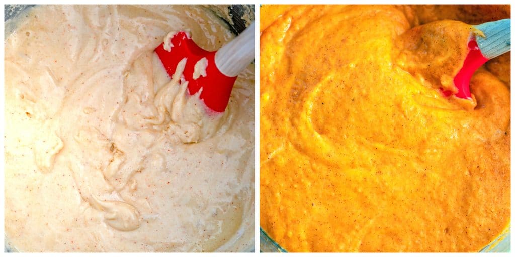 Collage showing batter making process, including making the base batter and stirring the pumpkin into the base batter