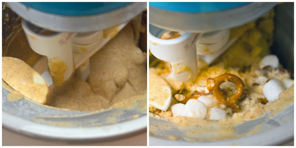 Collage showing process for making pumpkin beer ice cream, including ice cream processing in ice cream maker and ice cream in maker with pretzels and marshmallows added in