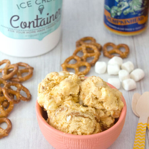 Pumpkin Beer Ice Cream with Pretzels and Marshmallows -- Pumpkin spice is nice, but pumpkin beer is better! This Pumpkin Beer Ice Cream is packed with pumpkin flavor, along with plenty of pretzels and marshmallows | wearenotmartha.com