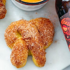 Overhead closeup view of a pumpkin beer pretzel coated in cinnamon sugar