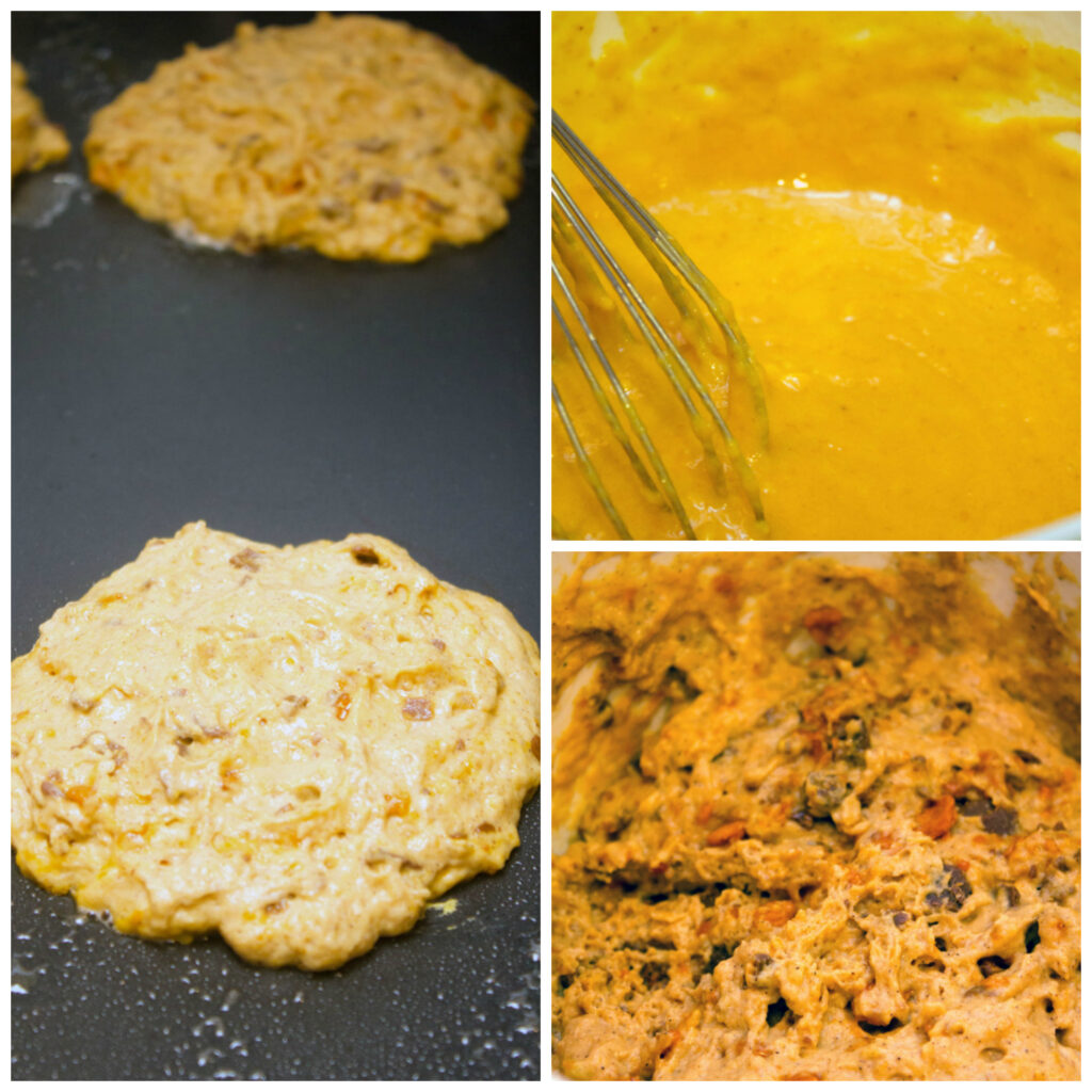 Collage showing pumpkin pancake batter, Butterfinger candy folded into pumpkin pancake batter, and pumpkin butterfinger pancakes being cooked on griddle