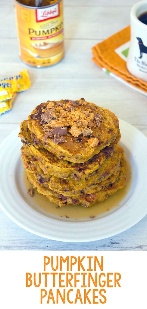 Pumpkin Butterfinger Pancakes -- Who says you can't eat candy for breakfast? These Pumpkin Butterfinger Pancakes combine two of fall's best flavors... Pumpkin and Halloween candy! | wearenotmartha.com