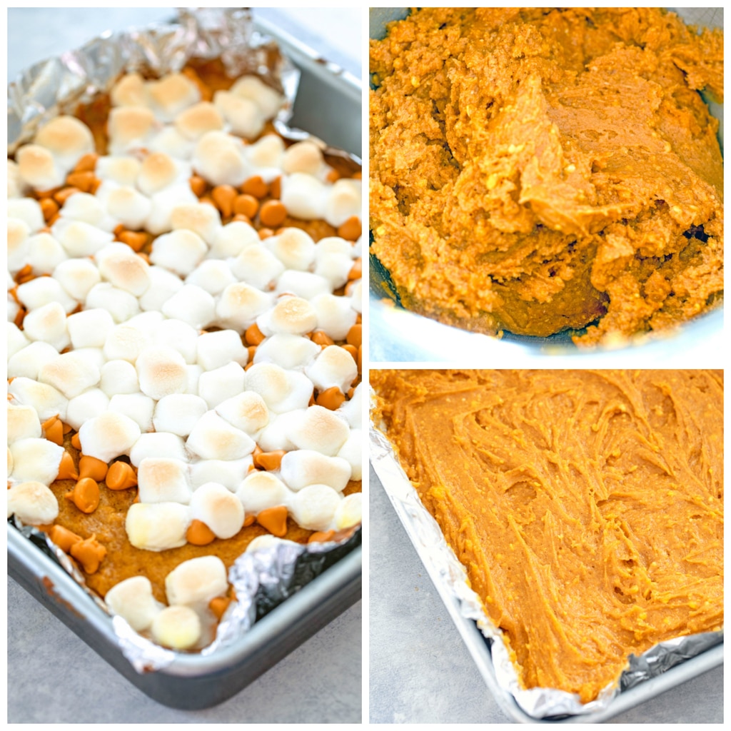 Collage showing process for making pumpkin butterscotch blondies, including an image of orange batter in bowl, an image of batter spread in pan, and an image of pumpkin blondies baked and topped with butterscotch chips and toasted marshmallows