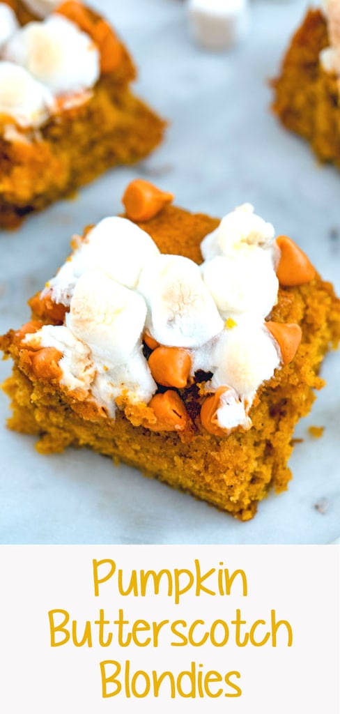 Pumpkin Butterscotch Blondies -- What is your most perfect blondie? Mine is a pumpkin blondie packed with butterscotch chips and marshmallows. These Pumpkin Butterscotch Blondies are the best fall dessert | wearenotmartha.com #blondies #pumpkin #butterscotch #marshmallows