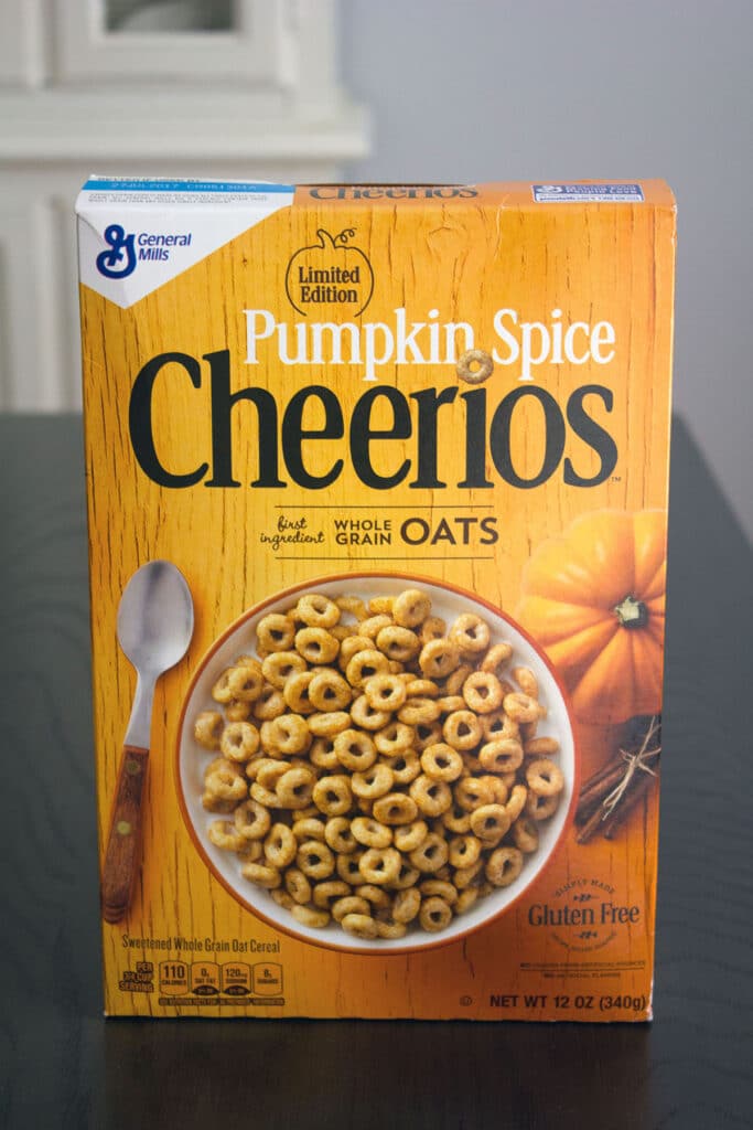 Head-on view of a box of Pumpkin Spice Cheerios