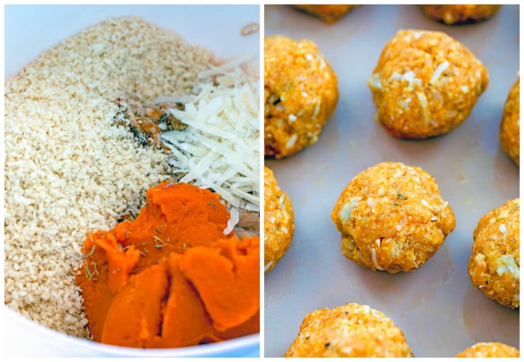 Collage showing meatball ingredients in a bowl and pumpkin meatballs formed in a baking dish