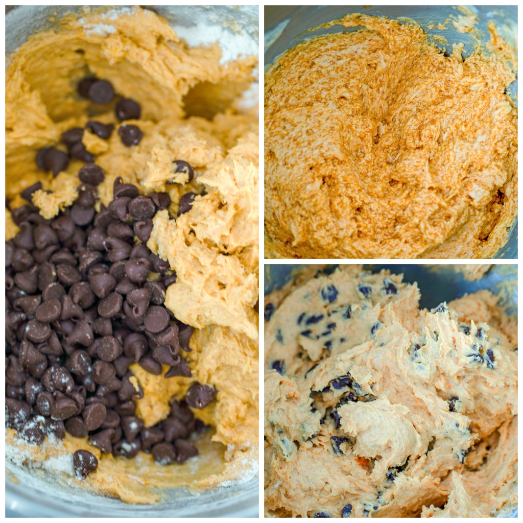 Collage showing batter with pumpkin, batter with chocolate chips, and batter all blended together