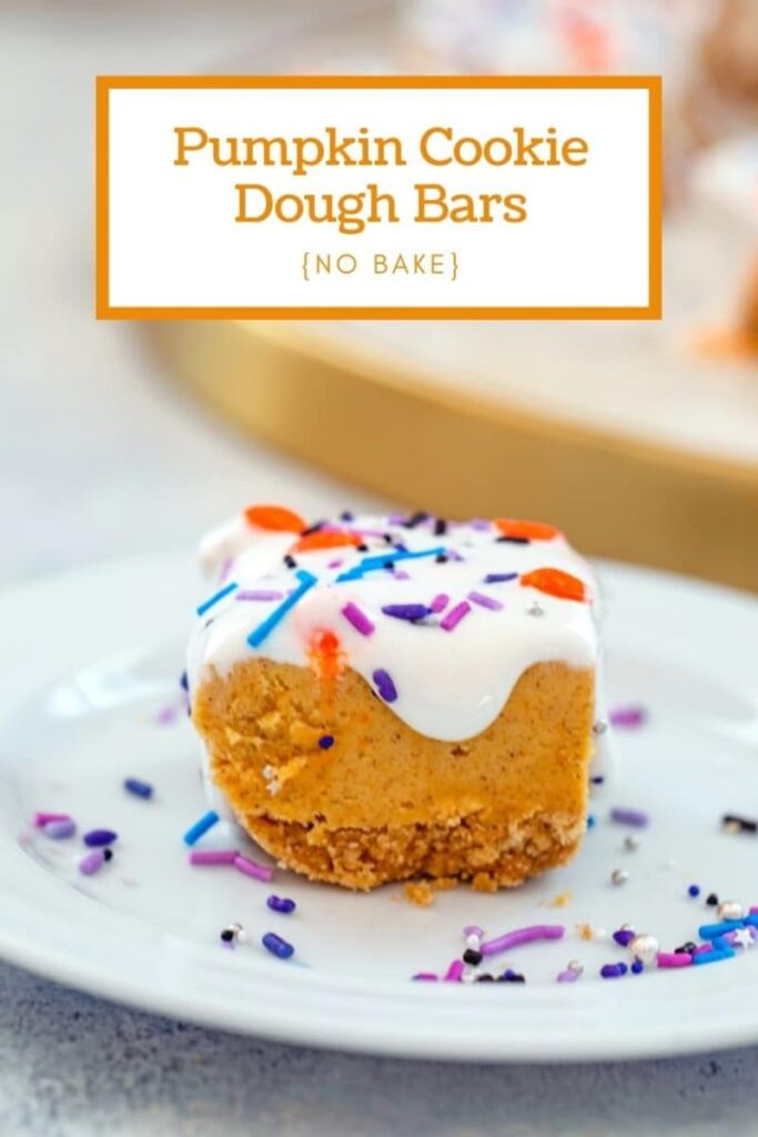 These Pumpkin Cookie Dough Bars are a dreamy no-bake fall dessert everyone will love! | wearenotmartha.com #halloween #halloweenrecipes #pumpkinrecipes #cookiedough #nobakedesserts