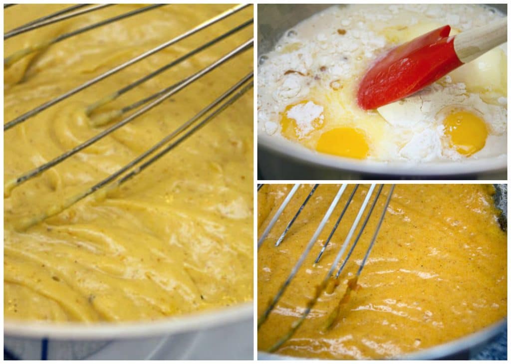 Collage showing process for making pumpkin custard, including egg and flour mixture, pumpkin puree mixed into mixture, and custard thickening and being whisked over heat