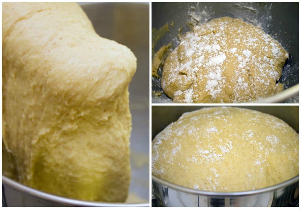 Collage showing kneading dough in mixer with dough hook, dough sitting in bowl, and dough rising in bowl