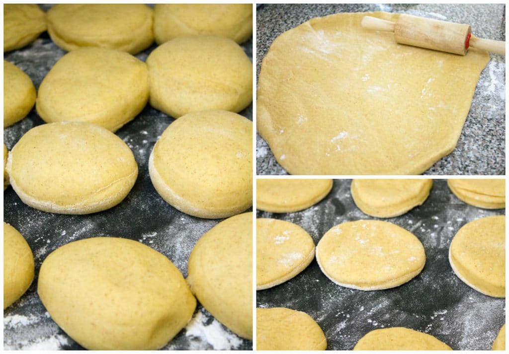 Collage showing dough rolled out, dough formed into rounds, and dough rounds rising on a baking pan