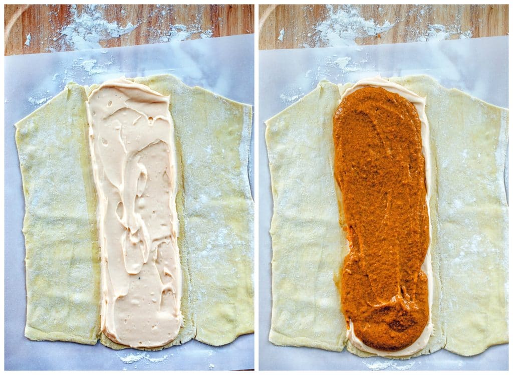 Collage showing process for making pumpkin eggnog danish, including photo of puff pastry dough rolled out with pumpkin eggnog cream cheese spread down the middle and photo of pumpkin pastry cream spread over the cream cheese