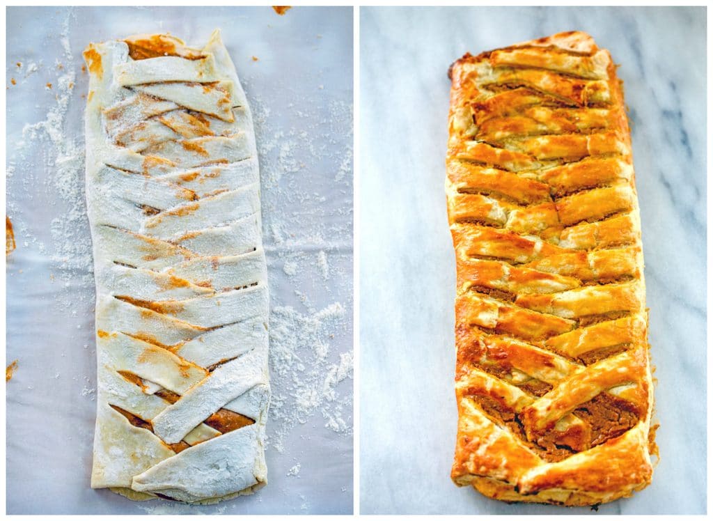 Collage showing process for folding pumpkin eggnog danish, including puff pastry braided and puff pastry just our of the oven