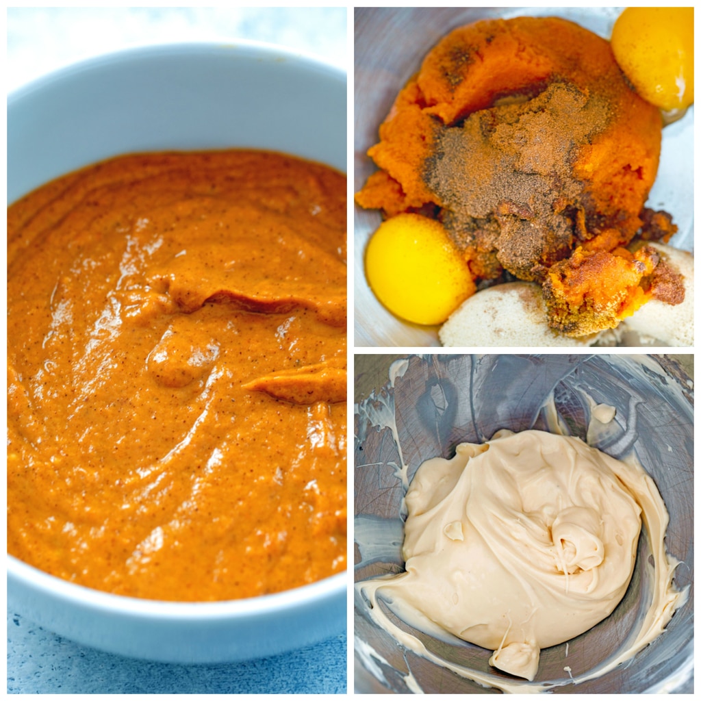 Collage showing process for making pumpkin pastry cream and cream cheese for pumpkin eggnog danish, including egg yolks, pumpkin puree, cinnamon, and brown sugar in a bowl; cream cheese and brown sugar whipped together; and bowl of pumpkin eggnog pastry cream