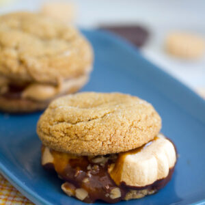 Pumpkin Gingersnap S'mores -- Pumpkin gingersnaps, pumpkin spice marshmallows, chocolate, caramel, and toffee make for the perfect fall s'more! | wearenotmartha.com