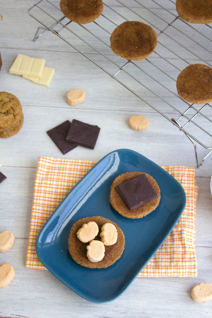 Pumpkin Gingersnap S'mores -- Pumpkin gingersnaps, pumpkin spice marshmallows, chocolate, caramel, and toffee make for the perfect fall s'more! | wearenotmartha.com