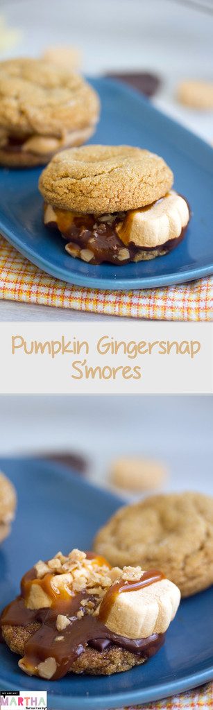 Pumpkin Gingersnap S'mores -- Pumpkin gingersnaps, pumpkin spice marshmallows, chocolate, caramel, and toffee make for the perfect fall s'more! | wearenotmartha.com