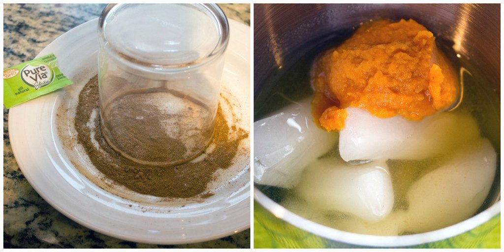 Collage showing process for making iced pumpkin green tea cocktail, including glass upside down on plate with cinnamon sugar and shaker with ice, green tea, and pumpkin in it