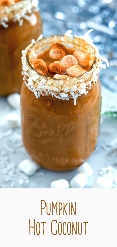 Pumpkin Hot Coconut -- Hot chocolate is good, but this Pumpkin Hot Coconut will blow your typical hot chocolate out of the water. Or the snowbank. This hot pumpkin drink is the perfect way to warm up on a cold, snowy day. Especially if you add the rum! | wearenotmartha.com #pumpkin #coconut #hotdrinks #rum