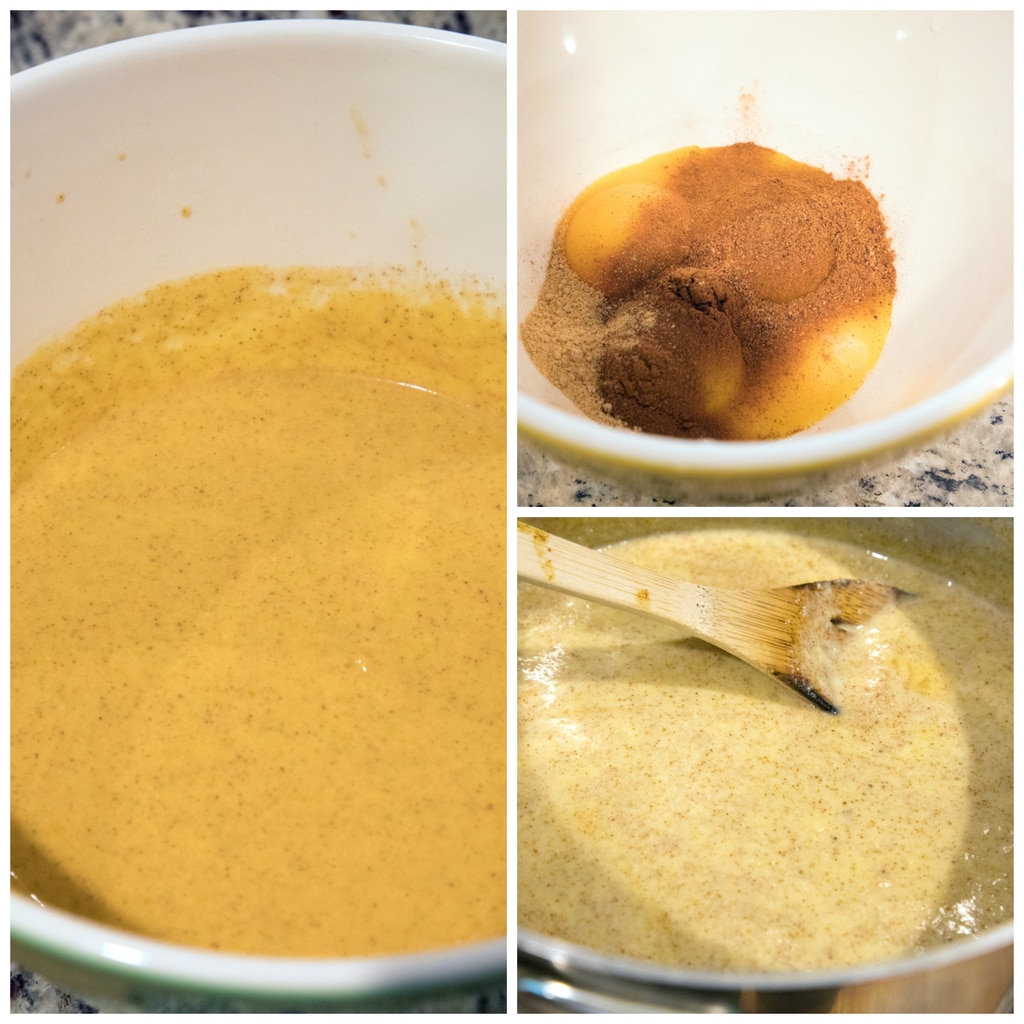 Collage showing egg yolks and spices in a bowl, egg yolks being tempered with milk and cream in bowl, and the ice cream base cooked into a custard and cooling in bowl