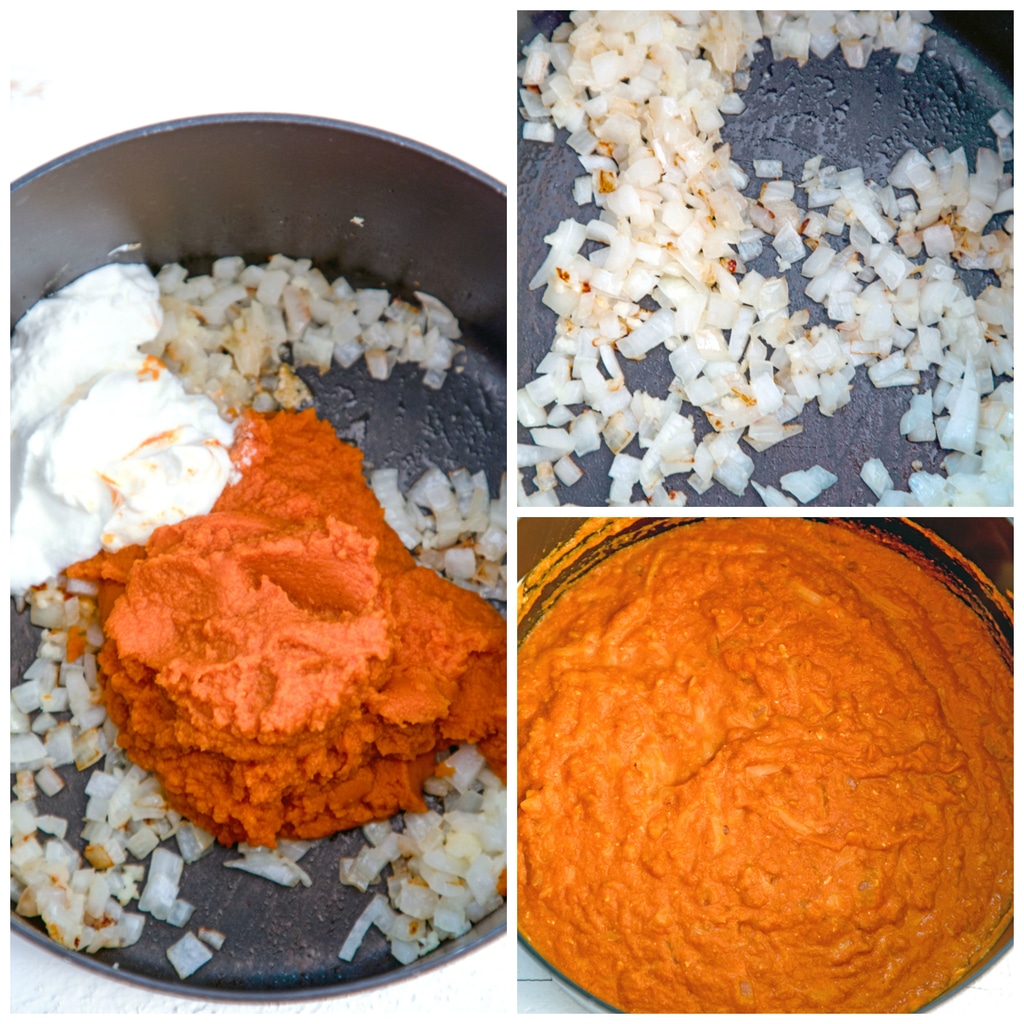 Collage showing onion and garlic sautéing, pumpkin and Greek yogurt added in to onion, and ingredients stirred together into a sauce