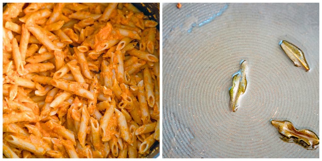 Collage showing photo of penne coated in pumpkin sauce and sage frying in a pan