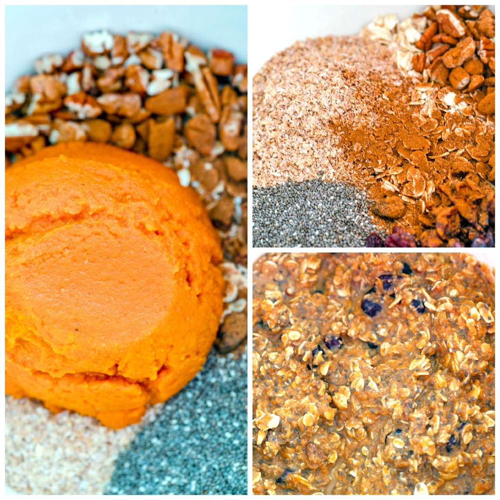 Collage showing oats, wheat bran, chia seeds, pecans, and pumpkin puree in bowl, image of ingredients with cinnamon sprinkled on top, and images of all ingredients and milk stirred together in bowl