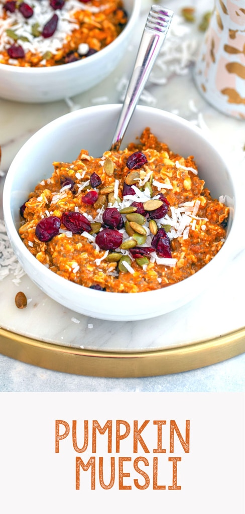 Pumpkin Muesli -- This Pumpkin Muesli is the perfect solution to dark fall and winter mornings when you need some extra motivation to get out of bed. Made with lots of healthy grains, pumpkin puree, dried cranberries, and apple cider, it will keep full all morning long | wearenotmartha.com