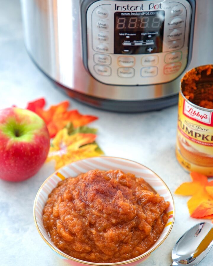 Pumpkin Pie Applesauce {in the Instant Pot} -- You don't have to decide between apples and pumpkins this fall! Enjoy them together with this Pumpkin Pie Applesauce made in the Instant Pot! It's the easiest and quickest applesauce ever, but if you don't have a pressure cooker, it can also be made in a slow cooker or on the stovetop | wearenotmartha.com
