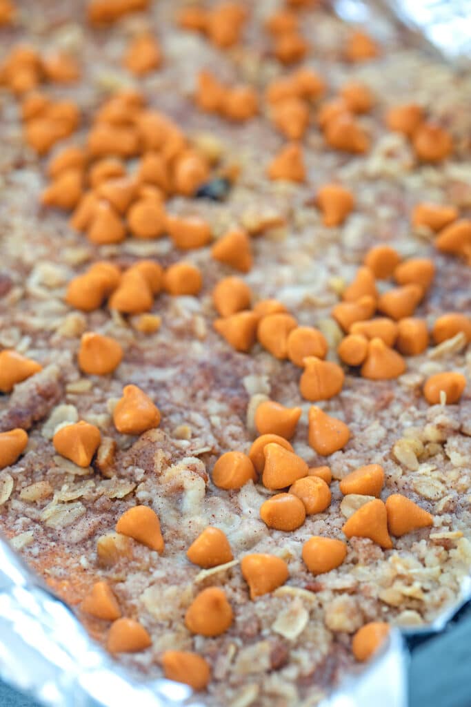 Pumpkin pie bars in pan just out of the oven before being sliced