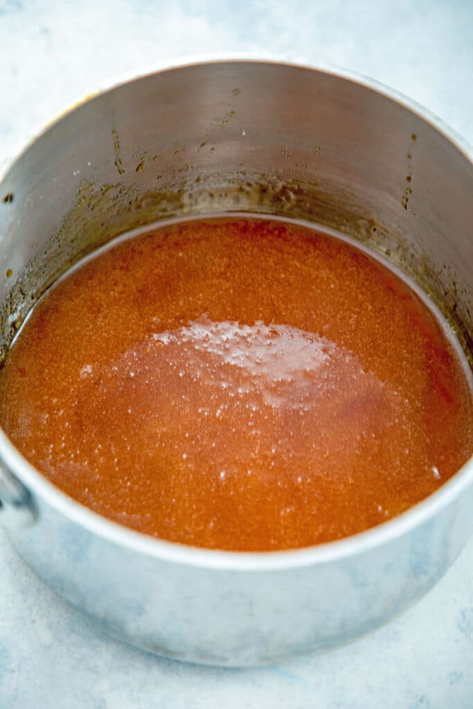 Caramelized syrup in saucepan