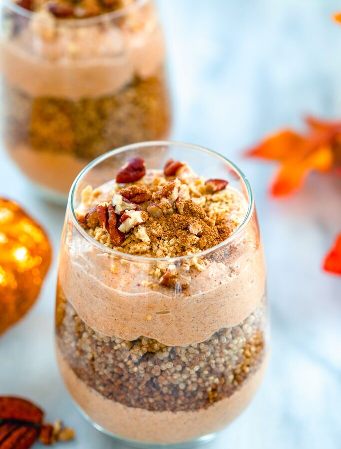 Pumpkin Quinoa Parfait -- Looking for the perfect way to start a cool fall morning? This Pumpkin Yogurt Parfait is packed with protein in the form of homemade pumpkin pie Greek yogurt and cinnamon quinoa. It's easy, healthy, and ridiculously satisfying | wearenotmartha.com
