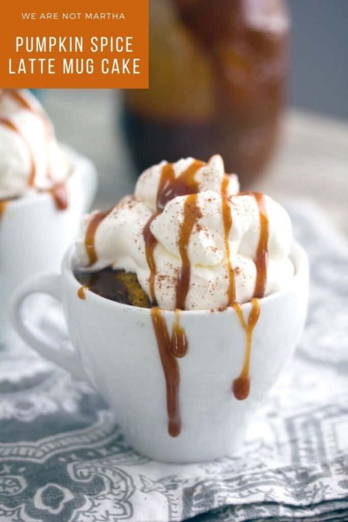 With this Pumpkin Spice Latte Mug Cake, delicious pumpkin cake can be yours in just minutes! | wearenotmartha.com #mugcake #pumpkincake #pumpkinspicelatte #pumpkinlatte #pumpkinspice