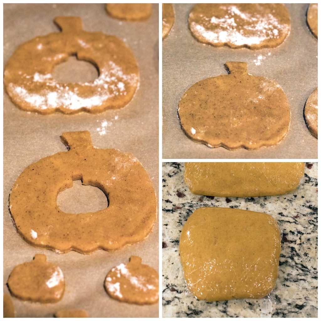 Collage showing dough wrapped in parchment paper, pumpkin-shaped cookies cut out of dough, and pumpkin shapes in dough with mini pumpkins cut out of the middle of them.